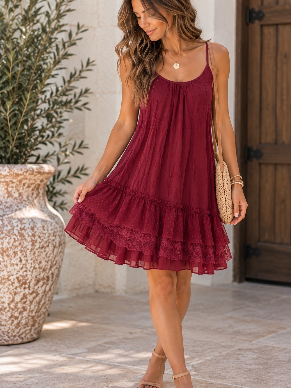 A’reve Burgundy Lace Ruffle Tiered Slip Midi Dress Medium